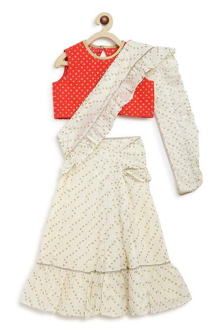 Tiber Taber_Cream Cotton Embroidery Pre-stitched Ruffle Saree With Blouse _Online_at_Aza_Fashions
