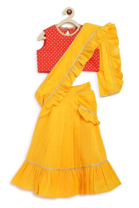 Tiber Taber_Cream Cotton Lace Pre-stitched Saree With Bandhani Print Blouse _Online_at_Aza_Fashions