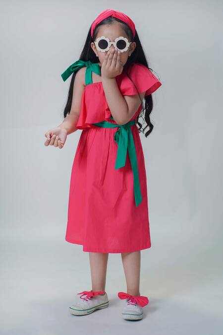Shop Tiber Taber Pink Cotton Solid Ruffled Dress Shop_Tiber Taber_Pink Cotton Solid Ruffled Dress