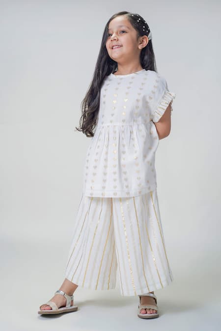 Tiber Taber White Cotton Embroidery Heart Pattern Ruffled Top With Culottes Online at Aza Fashions Tiber Taber_White Cotton Embroidery Heart Pattern Ruffled Top With Culottes _Online_at_Aza_Fashions