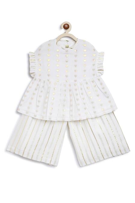 Buy Tiber Taber White Cotton Embroidery Heart Pattern Ruffled Top With Culottes Online at Aza Fashions Buy_Tiber Taber_White Cotton Embroidery Heart Pattern Ruffled Top With Culottes _Online_at_Aza_Fashions