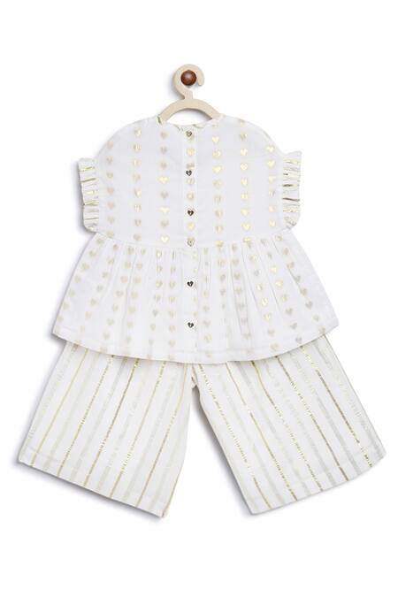 Shop Tiber Taber White Cotton Embroidery Heart Pattern Ruffled Top With Culottes Online at Aza Fashions Shop_Tiber Taber_White Cotton Embroidery Heart Pattern Ruffled Top With Culottes _Online_at_Aza_Fashions
