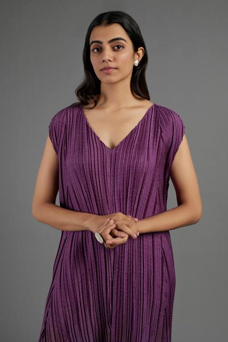 Krishna Mehta_Purple Tussar Printed Geometric V Neck Tunic_Online_at_Aza_Fashions