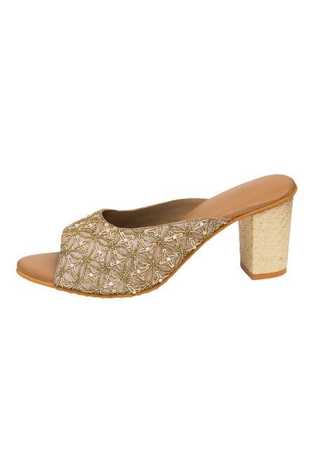 Kkarma Accessories_Gold Embroidery, Sequins Rose Block Heels _Online_at_Aza_Fashions