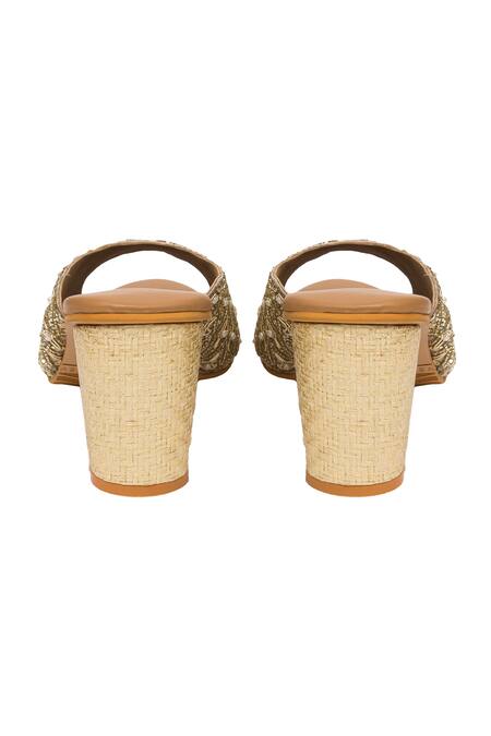 Buy_Kkarma Accessories_Gold Embroidery, Sequins Rose Block Heels _Online_at_Aza_Fashions