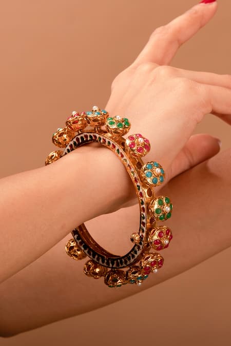 Tizora_Gold Plated Stones Studded Pacheli Bangles - Set Of 2 _at_Aza_Fashions