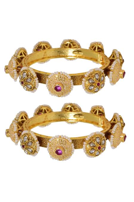 Buy_Tizora_White Diamonds Kundan And Meenakari Pacheli Bangles - Set Of 2 _Online_at_Aza_Fashions
