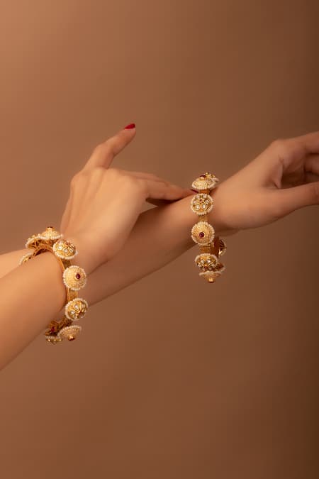 Tizora_White Diamonds Kundan And Meenakari Pacheli Bangles - Set Of 2 _at_Aza_Fashions