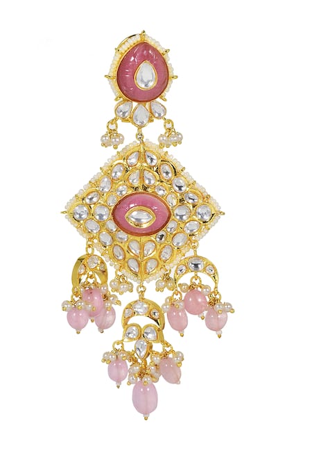 Tizora_Gold Plated Stones Carved Kundan Earrings _Online_at_Aza_Fashions