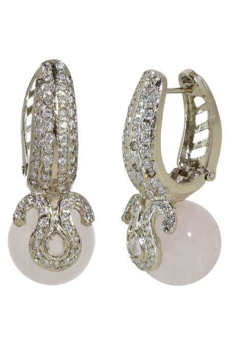 Buy_Tizora_Pink Fabric Flowers, Diamonds Quartz Drop Bali Earrings _Online_at_Aza_Fashions