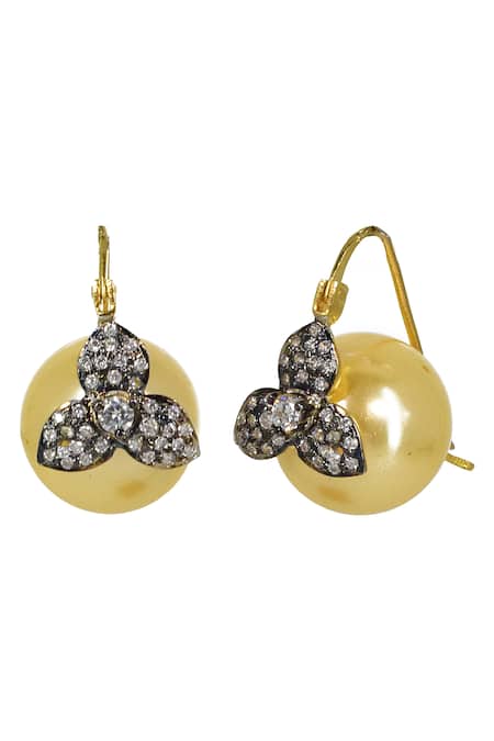 Buy_Tizora_Yellow Fabric Flowers, Diamonds Fresh Water Pearl Drop Earrings _Online_at_Aza_Fashions