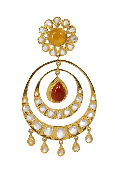 Tizora_Red Fabric Flowers Onyx Kundan Embellished Tiered Chandbalis _Online_at_Aza_Fashions