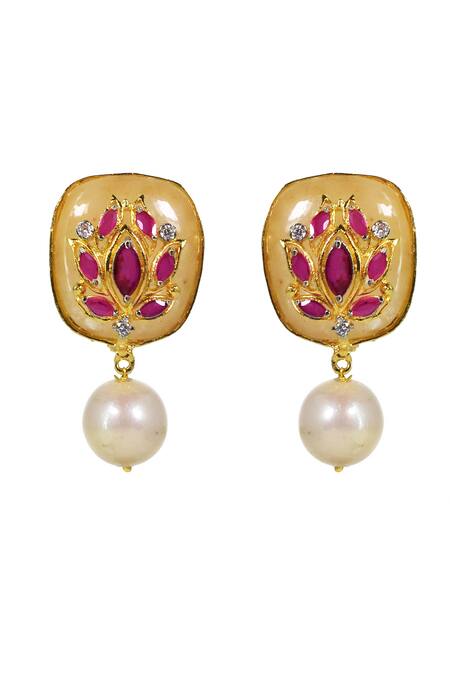 Tizora_Yellow Applique, Stones, Pearls Aventurine Fresh Water Earrings _Online_at_Aza_Fashions