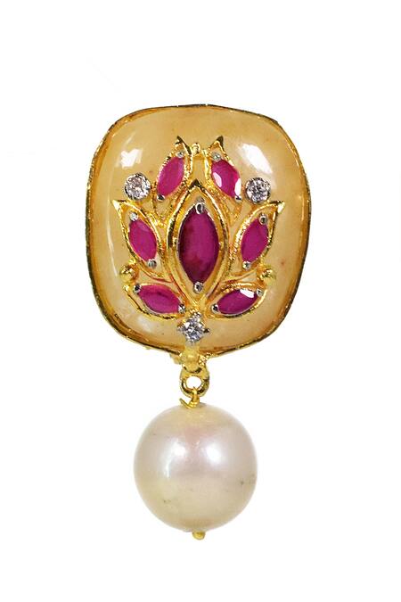 Buy_Tizora_Yellow Applique, Stones, Pearls Aventurine Fresh Water Earrings _Online_at_Aza_Fashions