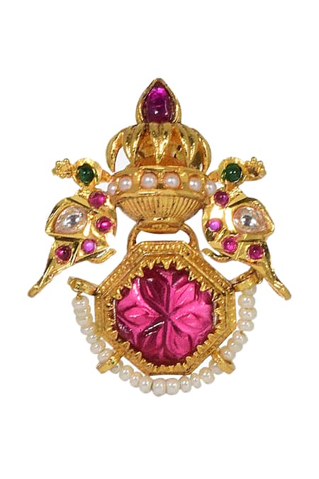 Tizora_Gold Plated Pearls, Stones, Gota Patti Carved Parrot Earrings _Online_at_Aza_Fashions