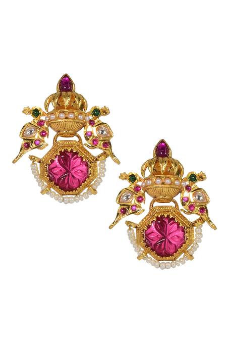 Buy_Tizora_Gold Plated Pearls, Stones, Gota Patti Carved Parrot Earrings _Online_at_Aza_Fashions