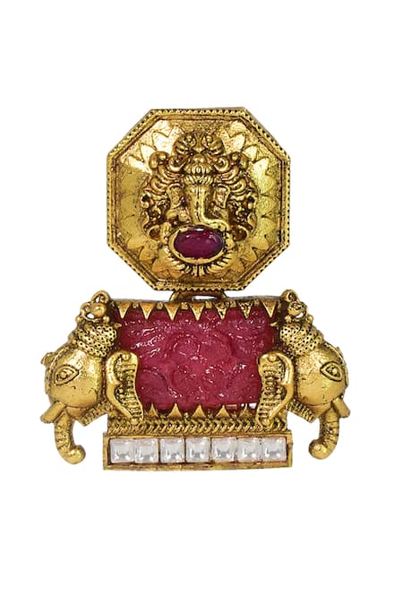 Tizora_Gold Plated Stones Carved Temple Antique Earrings _Online_at_Aza_Fashions