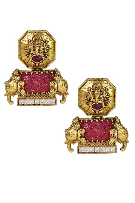 Buy_Tizora_Gold Plated Stones Carved Temple Antique Earrings _Online_at_Aza_Fashions