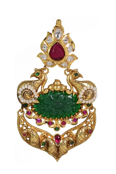 Tizora_Green Pearls, Stones Peacock Carved Antique Earrings _Online_at_Aza_Fashions
