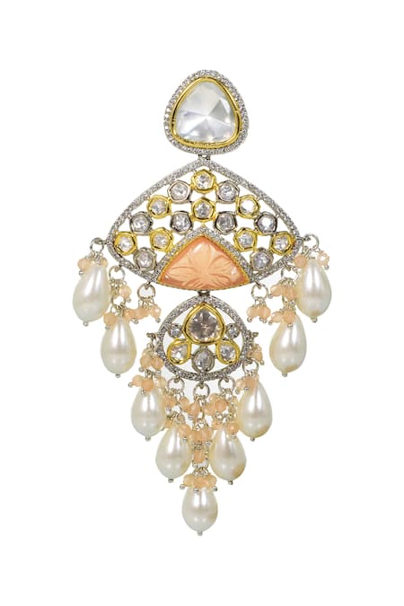 Tizora_White Stones, Pearls Studded Chandeliers Earrings _Online_at_Aza_Fashions