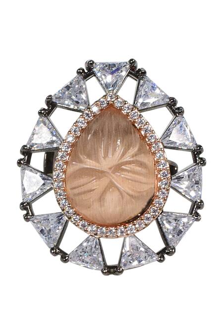 Tizora_White Diamonds, Stones Carved Earrings And Ring Set _Online_at_Aza_Fashions