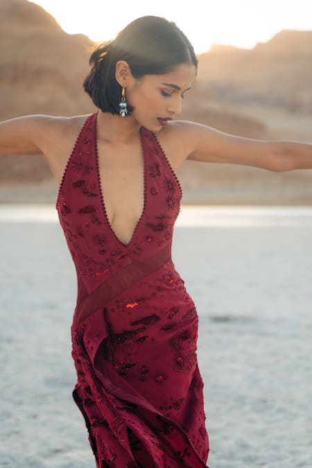 Sahil Kochhar_Maroon Organza Embroidered Tonal Work Plunge V Neck Tamanna Gown  _Online_at_Aza_Fashions