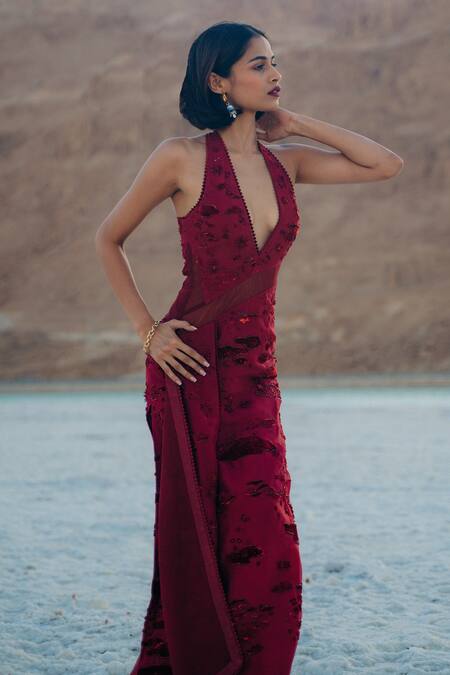 Buy_Sahil Kochhar_Maroon Organza Embroidered Tonal Work Plunge V Neck Tamanna Gown  _Online_at_Aza_Fashions