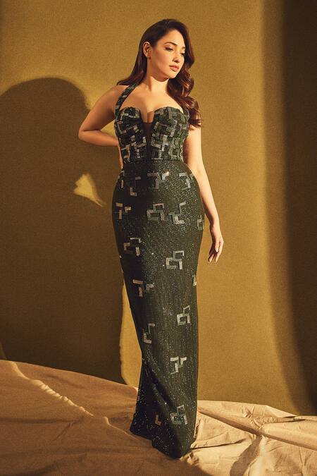 Shop_Nirmooha_Emerald Green Silk Sequins, Beads Halter Neck Embroidered Gown 