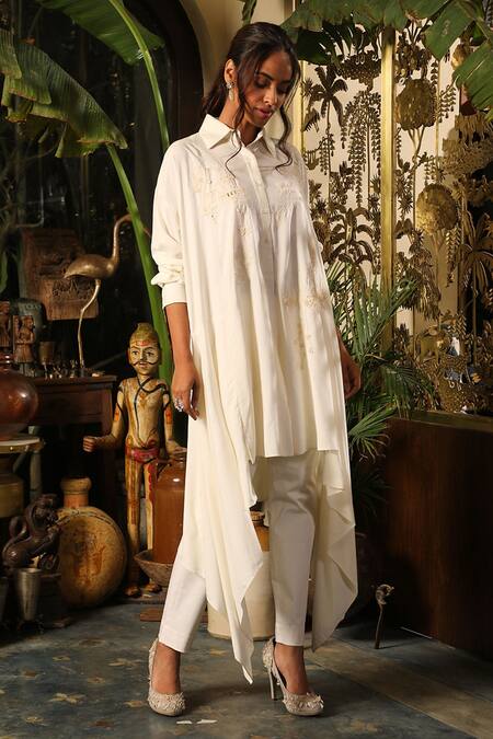 Buy_Sahil Kochhar_Ivory Organza, Net Embroidery Collared Tarannum Abstract Asymmetric Kurta _Online_at_Aza_Fashions