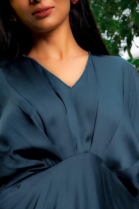 Omana By Ranjana Bothra_Blue Satin Sequins V-neck Pleated Draped Gown _Online_at_Aza_Fashions