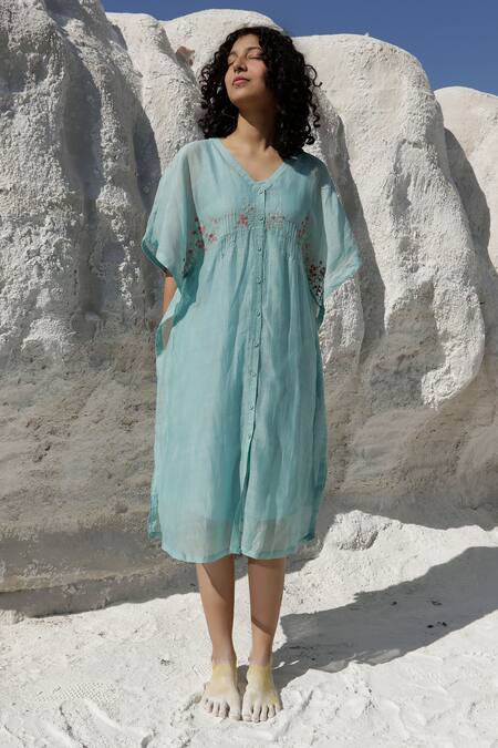 Tatwa_Blue Handloom Cotton, Viscose Embroidery V-neck Chanderi Placement Kaftan _Online_at_Aza_Fashions