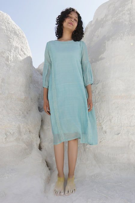 Tatwa_Blue Handloom Cotton, Viscose Zari Round Chanderi Placement Embroidered Dress _Online_at_Aza_Fashions