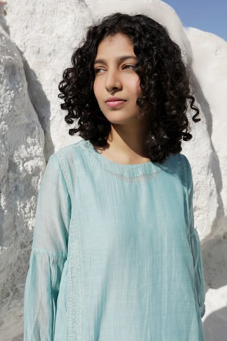 Buy_Tatwa_Blue Handloom Cotton, Viscose Zari Round Chanderi Placement Embroidered Dress _Online_at_Aza_Fashions