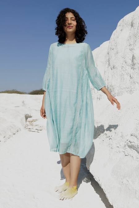 Shop_Tatwa_Blue Handloom Cotton, Viscose Zari Round Chanderi Placement Embroidered Dress _Online_at_Aza_Fashions