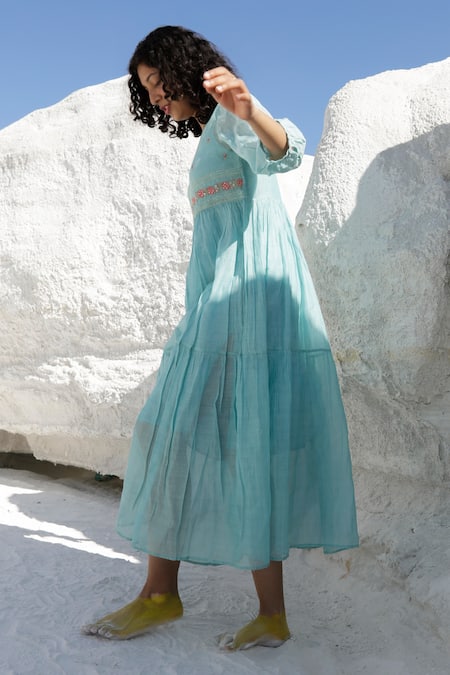 Buy_Tatwa_Blue Handloom Cotton, Viscose Embroidery, Sequins Round Chanderi Tiered Dress _Online_at_Aza_Fashions