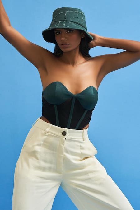 Siddhant Agrawal_Green Patchwork Shoji Work Bucket Hat _Online_at_Aza_Fashions