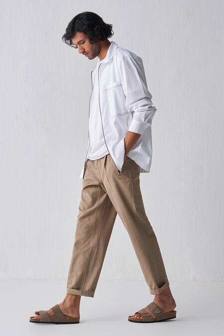 Three White , Handloom Fringe Solid Shirt And Pant Set Online at Aza Fashions Three_White , Handloom Fringe Solid Shirt And Pant Set_Online_at_Aza_Fashions