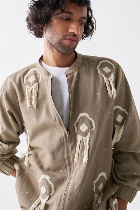 Shop Three Green Handloom Cotton Fringe Handwoven Bomber Jacket Online at Aza Fashions Shop_Three_Green Handloom Cotton Fringe Handwoven Bomber Jacket_Online_at_Aza_Fashions