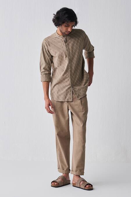 Three_Green Chanderi, Cotton Embroidery Shirt And Pant Set_Online_at_Aza_Fashions