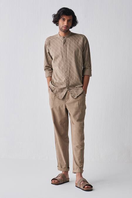 Three_Green Handloom Cotton Embroidery Handwoven Shirt And Pant Set_Online_at_Aza_Fashions