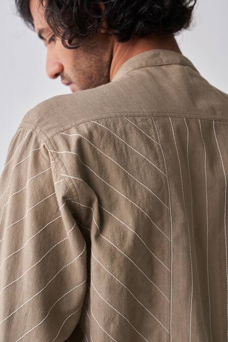 Shop_Three_Green Chanderi, Cotton Embroidery Shirt And Pant Set_Online_at_Aza_Fashions