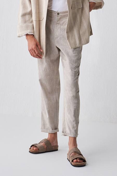 THREE_Beige Handwoven Cotton Solid Pant _Online_at_Aza_Fashions