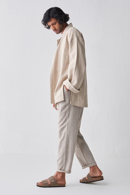 Buy_THREE_Beige Handwoven Cotton Solid Pant _Online_at_Aza_Fashions