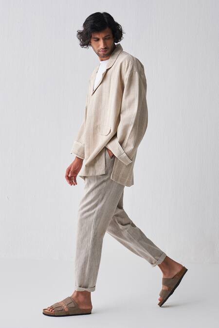 Buy Three Beige Handloom Cotton Handwoven Jacket And Pant Set Online at Aza Fashions Buy_Three_Beige Handloom Cotton Handwoven Jacket And Pant Set_Online_at_Aza_Fashions