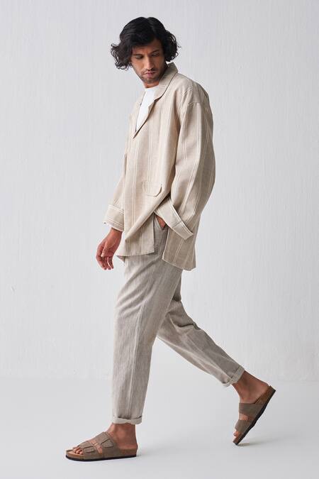 Shop_THREE_Beige Handwoven Cotton Solid Pant _Online_at_Aza_Fashions