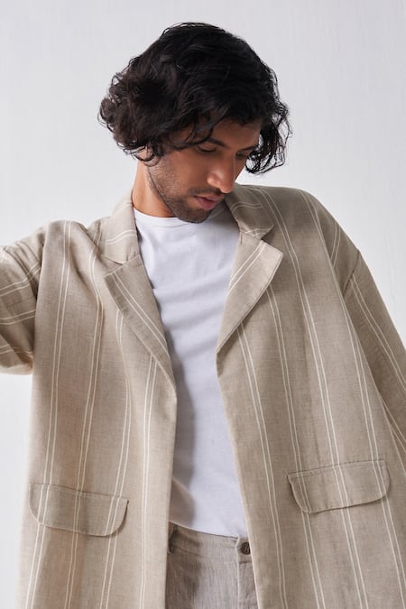Three Beige Handloom Cotton Handwoven Jacket And Pant Set at Aza Fashions Three_Beige Handloom Cotton Handwoven Jacket And Pant Set_at_Aza_Fashions