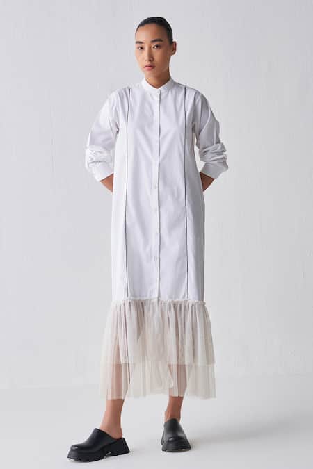 Buy Three White Poplin, Net Bandeau Neck Gathered Hem Shirt Dress Online at Aza Fashions Buy_Three_White Poplin, Net Bandeau Neck Gathered Hem Shirt Dress _Online_at_Aza_Fashions