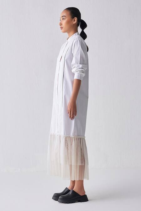 Shop Three White Poplin, Net Bandeau Neck Gathered Hem Shirt Dress Online at Aza Fashions Shop_Three_White Poplin, Net Bandeau Neck Gathered Hem Shirt Dress _Online_at_Aza_Fashions