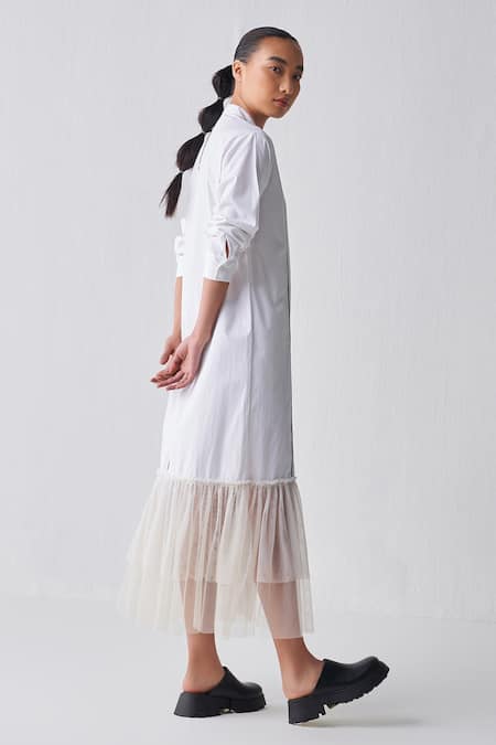 Three White Poplin, Net Bandeau Neck Gathered Hem Shirt Dress at Aza Fashions Three_White Poplin, Net Bandeau Neck Gathered Hem Shirt Dress _at_Aza_Fashions