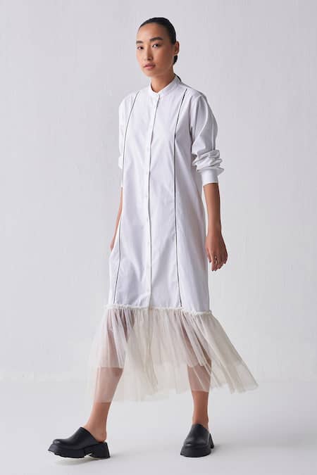 Buy Three White Poplin, Net Bandeau Neck Gathered Hem Shirt Dress Buy_Three_White Poplin, Net Bandeau Neck Gathered Hem Shirt Dress